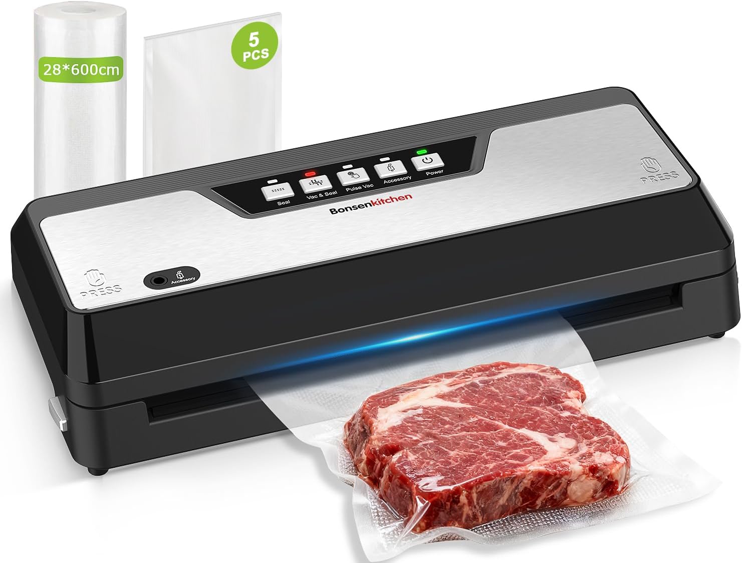 Bonsenkitchen – Machine sous vide – compacte – coupe-sac, rangement, rouleau, 5 sacs