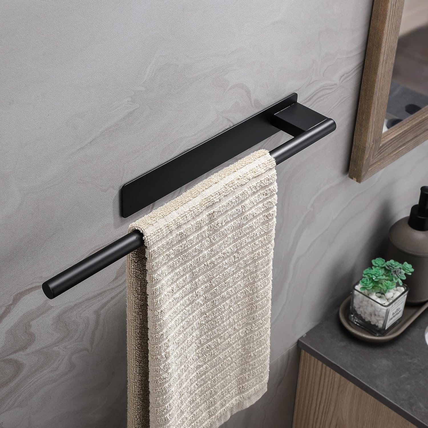 Porte-serviettes salle de bain - adhésif, inox noir, un bras, sans perçage