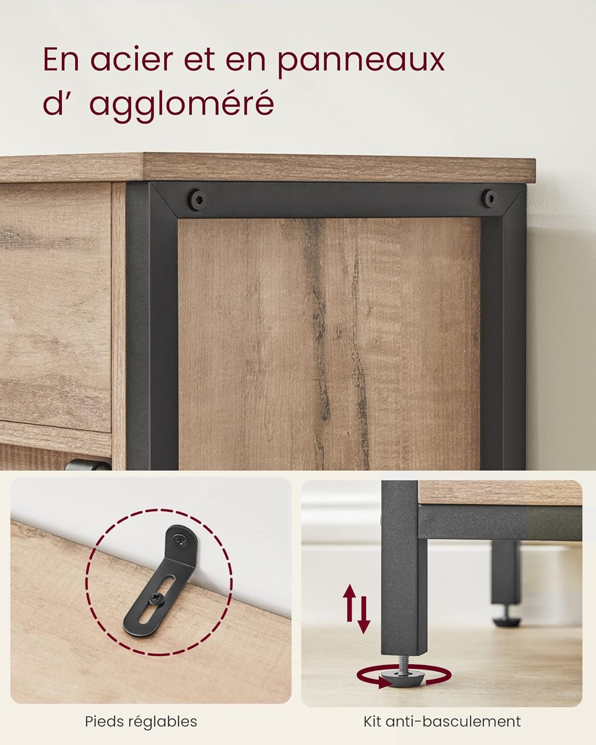 VASAGLE - buffet cuisine série LSC - 30x70x80 cm, porte coulissante, tiroirs, étagères réglables, marron/noir - LSC100B5