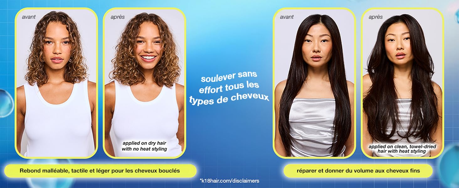 Images de démonstration du produit montrant les résultats avant et après la coiffure, sur fond bleu.