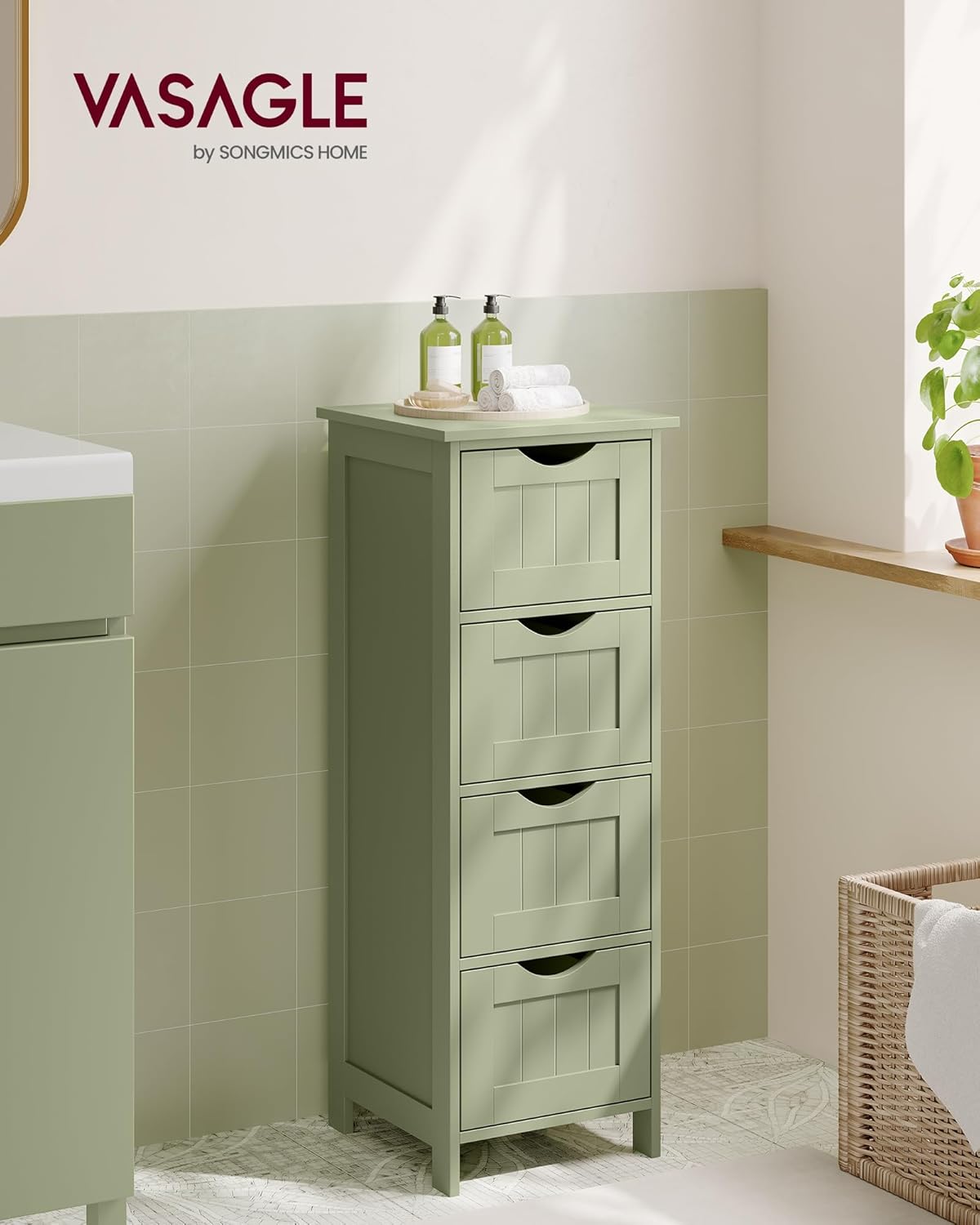 VASAGLE - meuble salle de bain, 4 tiroirs, 30x30x82 cm, vert olive, LHC040C02