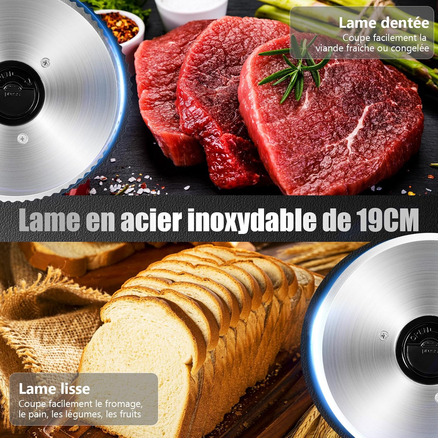 YASHE - Trancheuse électrique, 200W, lames inox 19cm, épaisseur réglable