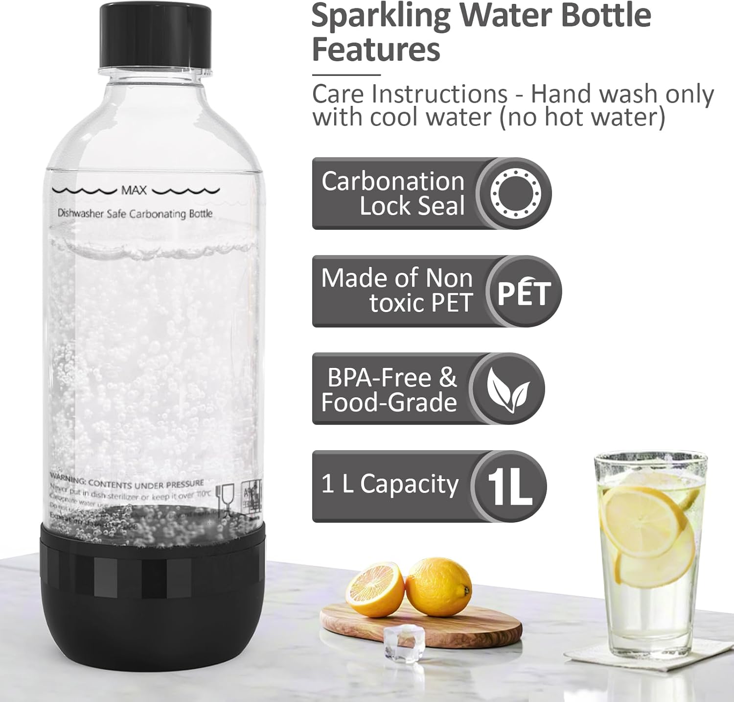 Lot de bouteilles de soda - 1L - sans BPA/PET, réutilisables, noir/blanc