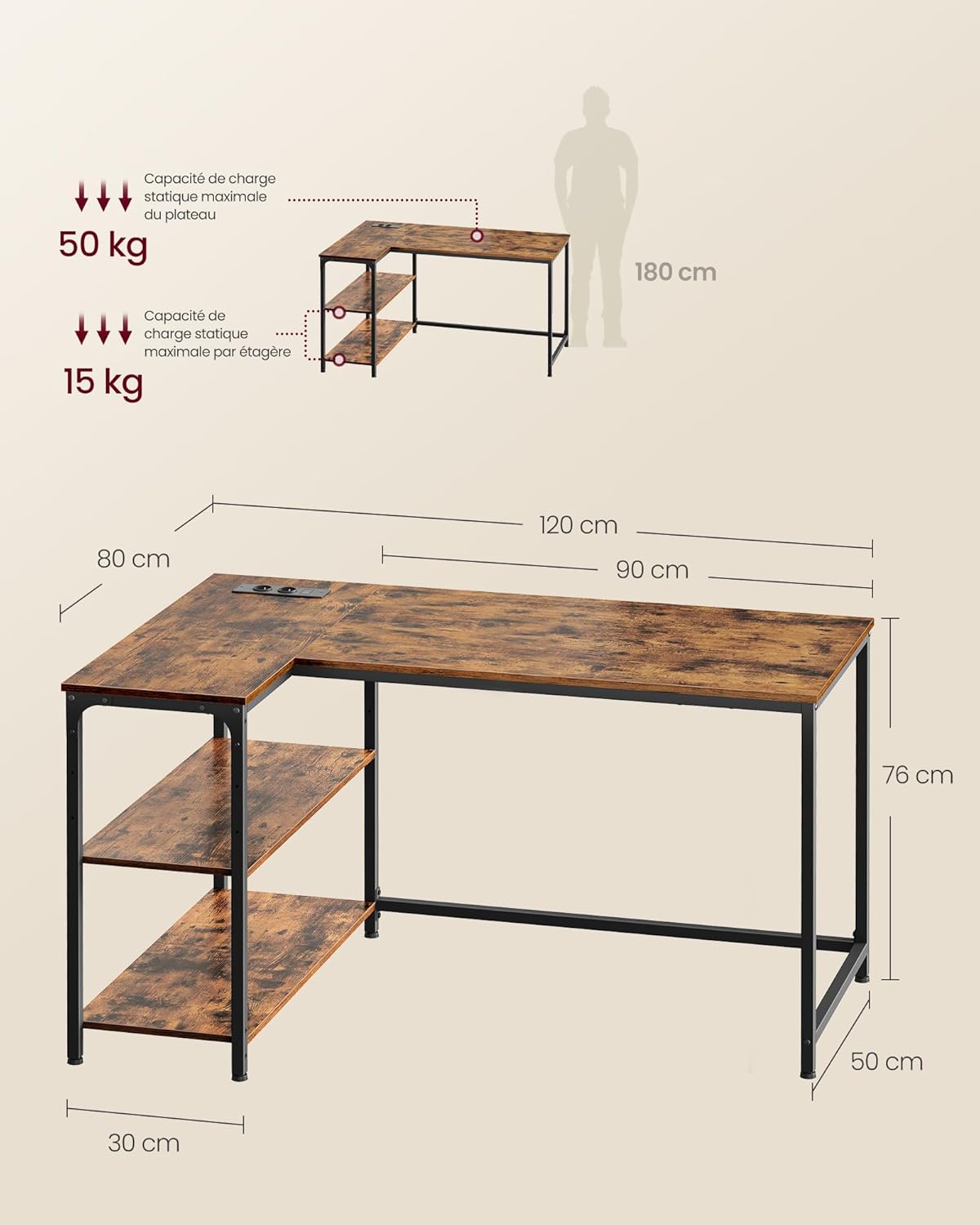 VASAGLE - Bureau Gaming Série L - 120x80cm - étagères réglables, prises USB, LWD132KD01