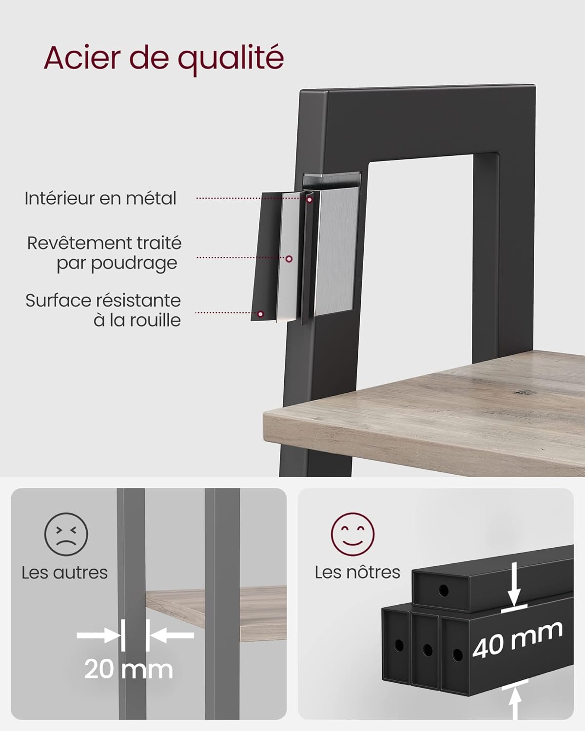 VASAGLE - étagère échelle bois/acier, 34x56x137,5 cm, gris/noir