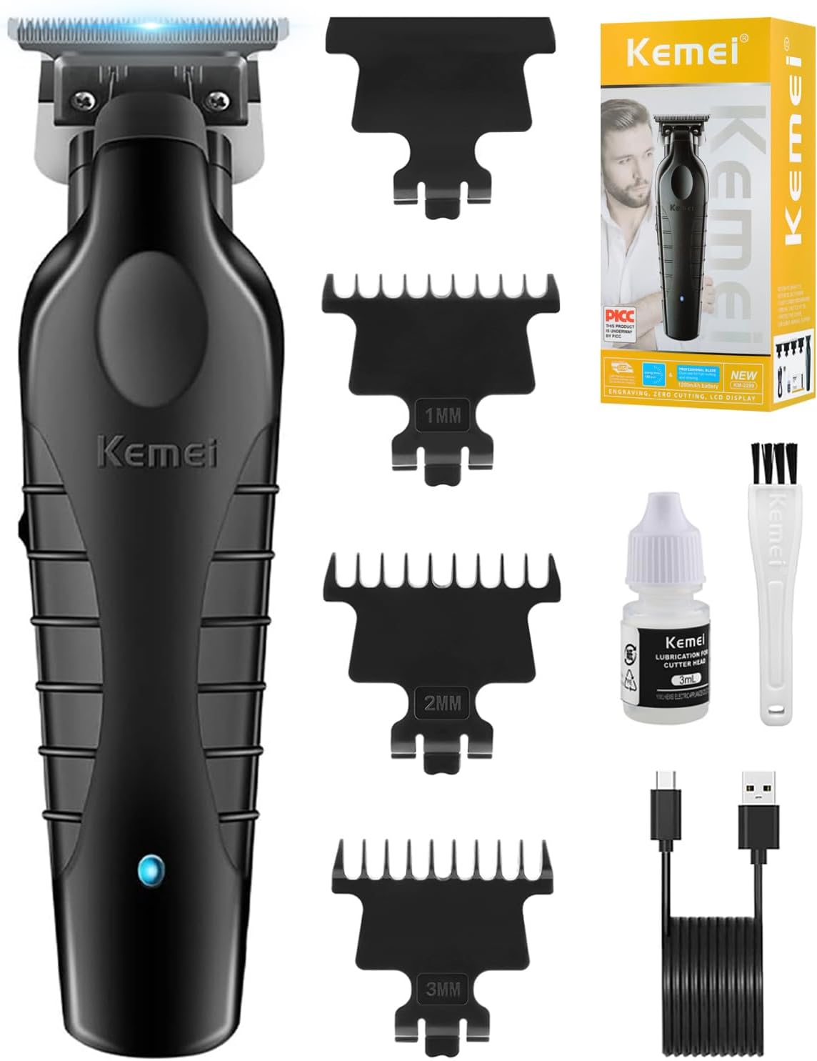 KEMEI - tondeuse cheveux/barbe sans fil, lame T, zéro écart, 2299