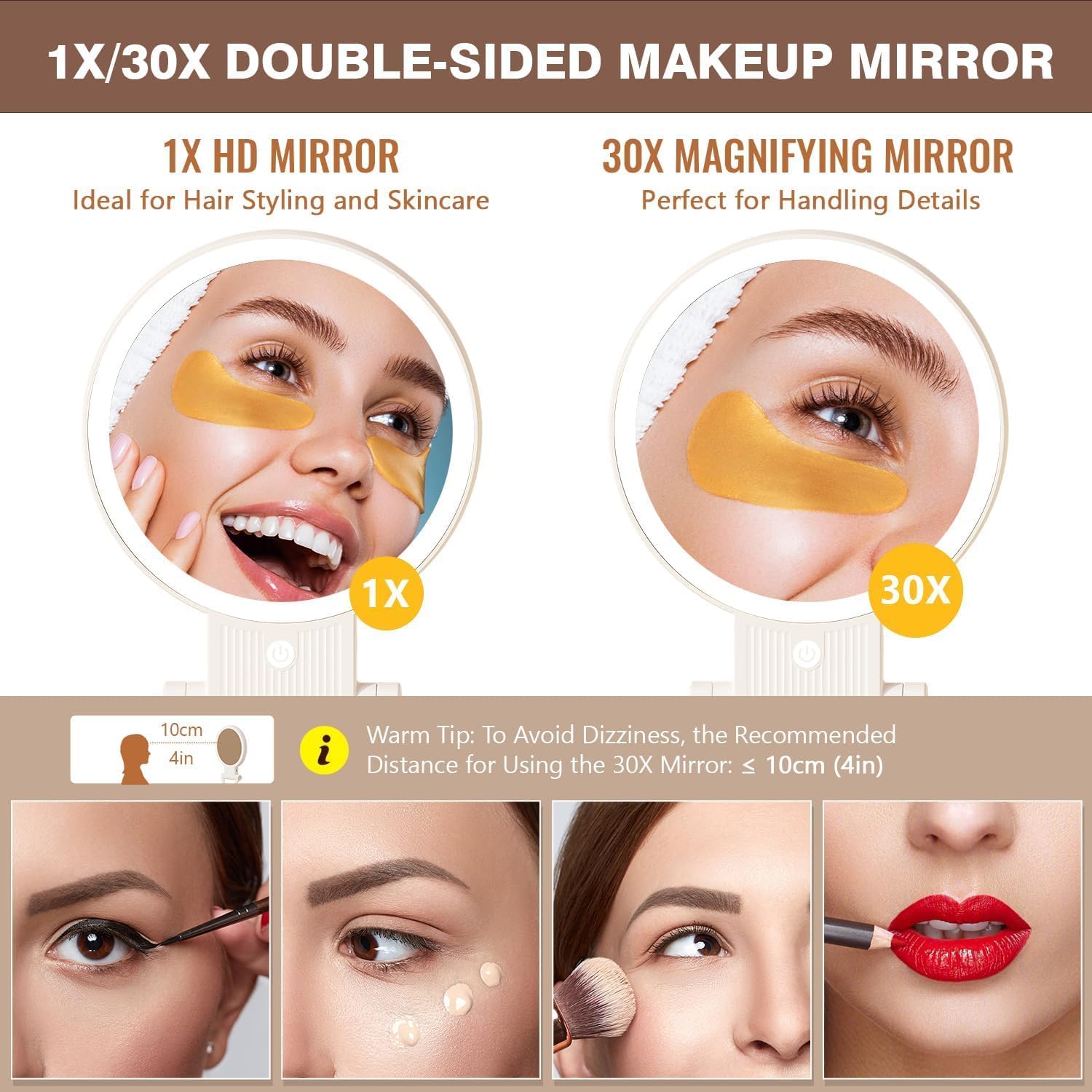 Auxmir - miroir lumineux double face, 30X/1X, LED rechargeable, compact
