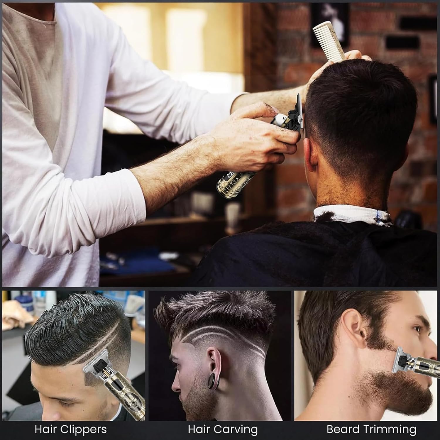 Tondeuse cheveux homme - squelette - 4 peignes, lame T, IPX7, USB