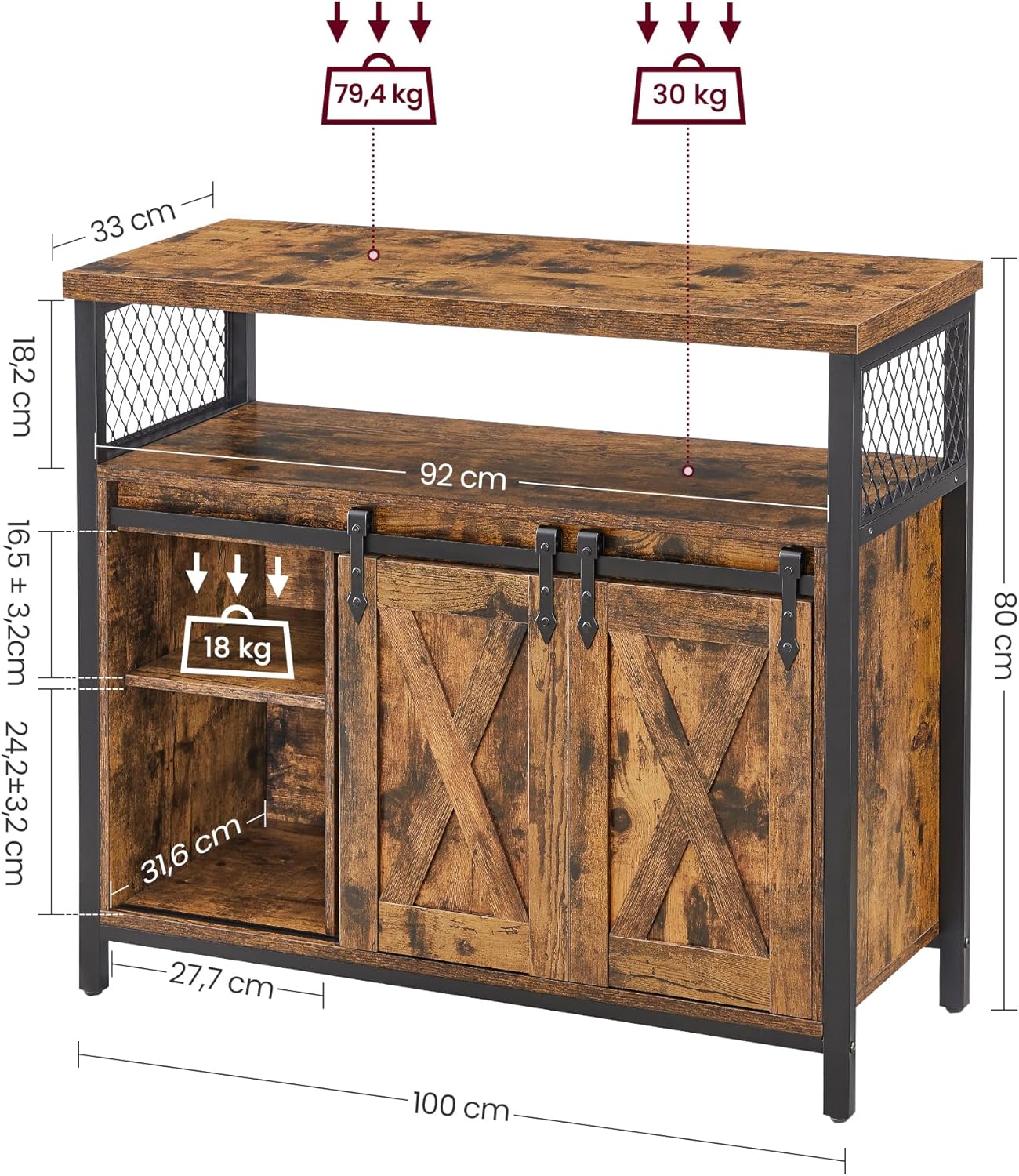 VASAGLE - Buffet de cuisine, 100x33x80cm, portes coulissantes, étagères réglables, LSC092B01