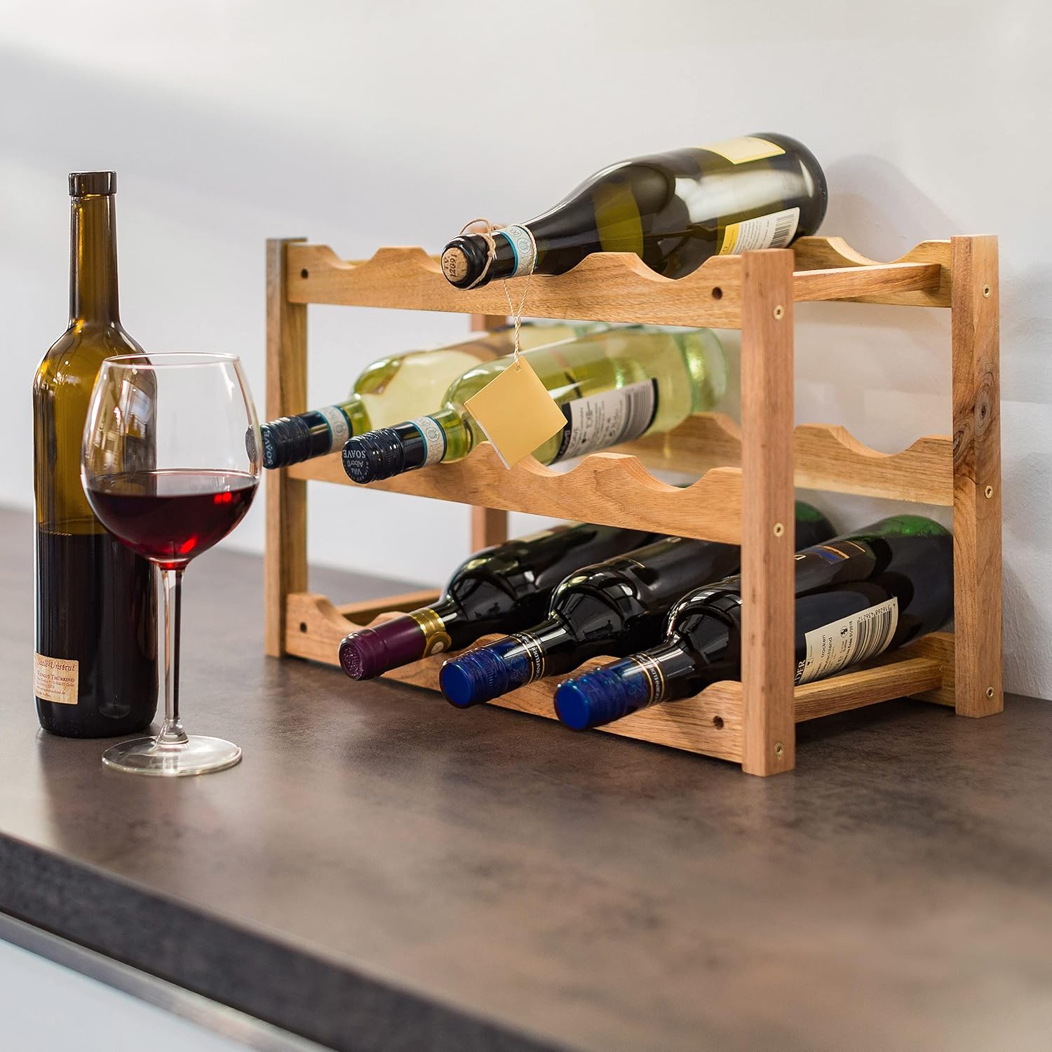 Relaxdays - casier à vin 3 étages, 42x21x28 cm, bois de noyer, 12 bouteilles