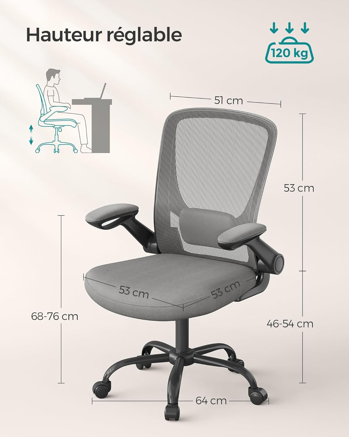 SONGMICS - Chaise bureau ergonomique, 53cm, support lombaire, accoudoirs rabattables, OBN037G01