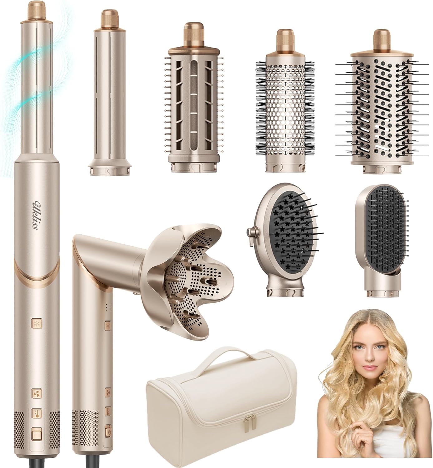 UKLISS - Pro 8 en 1 - Brosse soufflante, ionique, boucle 32mm, 110K RPM, compacte