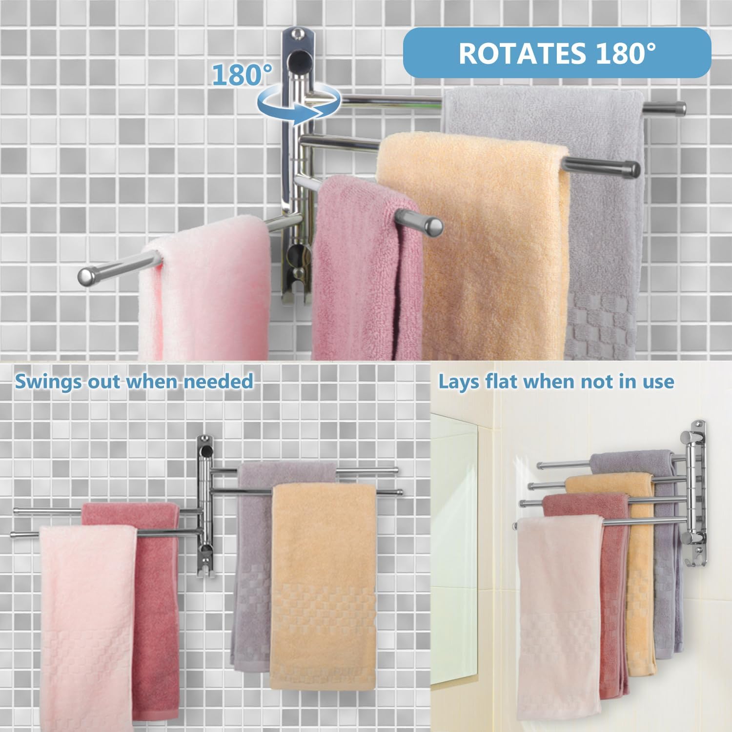 JSVER - porte-serviettes mural série pivotante - 40cm - inox, 4 barres rotatives, gain de place