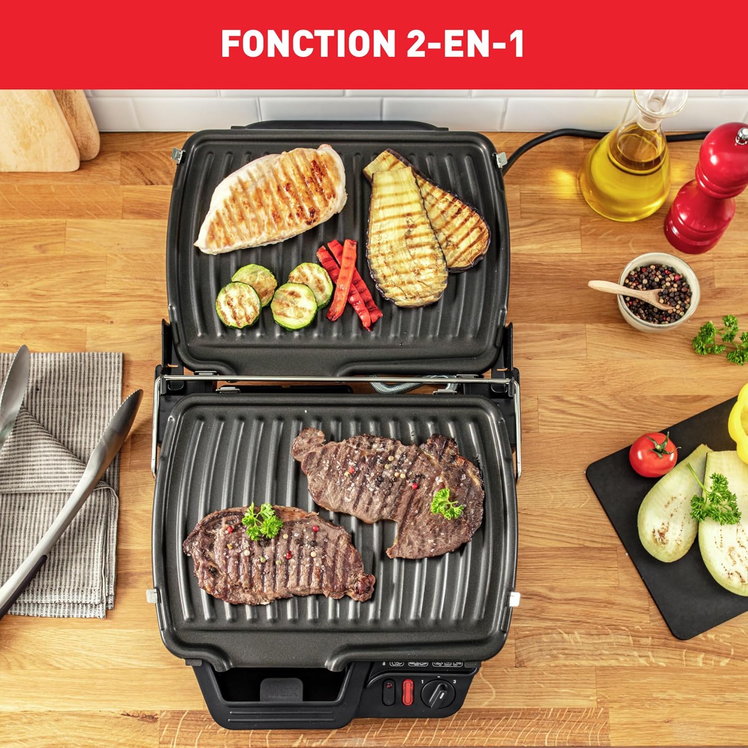 Tefal - Ultra Compact série - grill électrique 2000W, plaques lave-vaisselle, bac récupérateur jus - GC305012