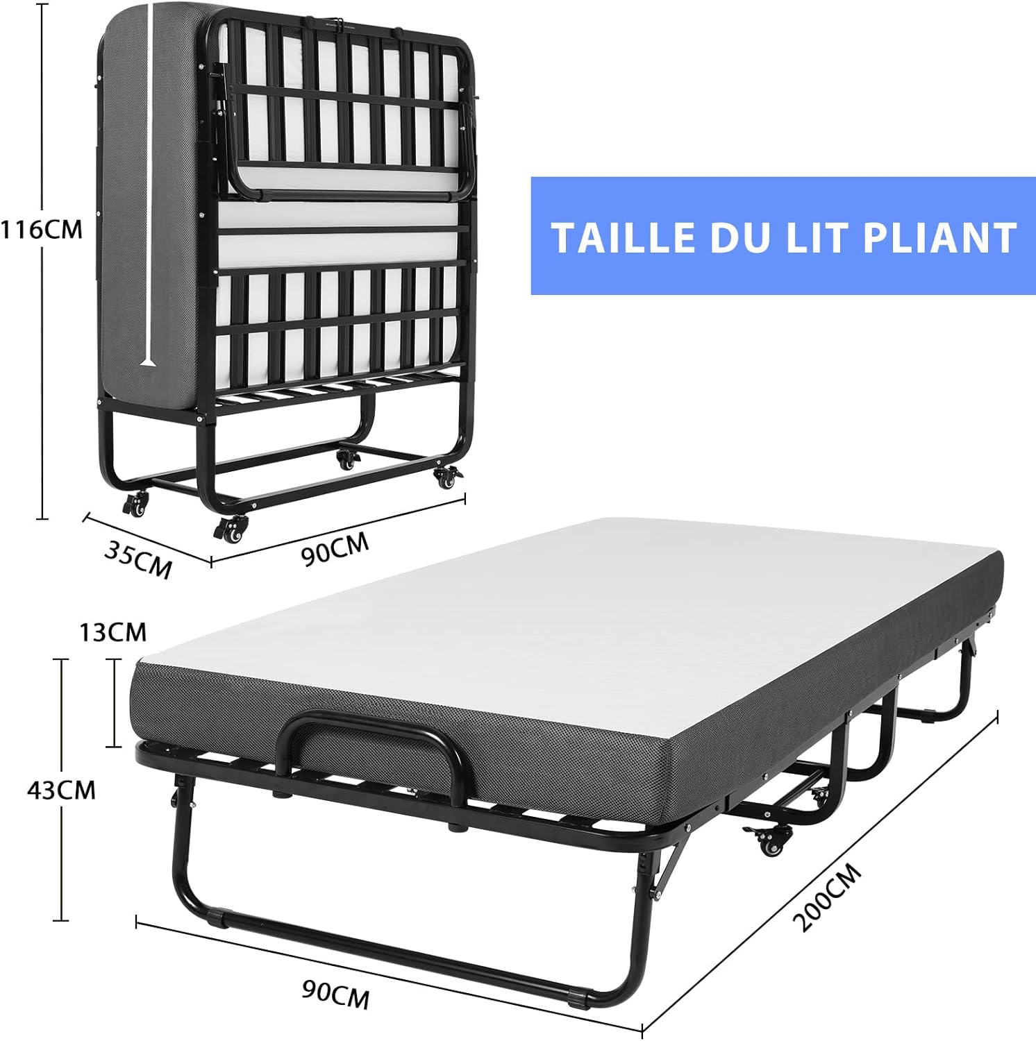 DICTAC - lit pliant adulte 90x200 cm, mousse mémoire, facile à assembler