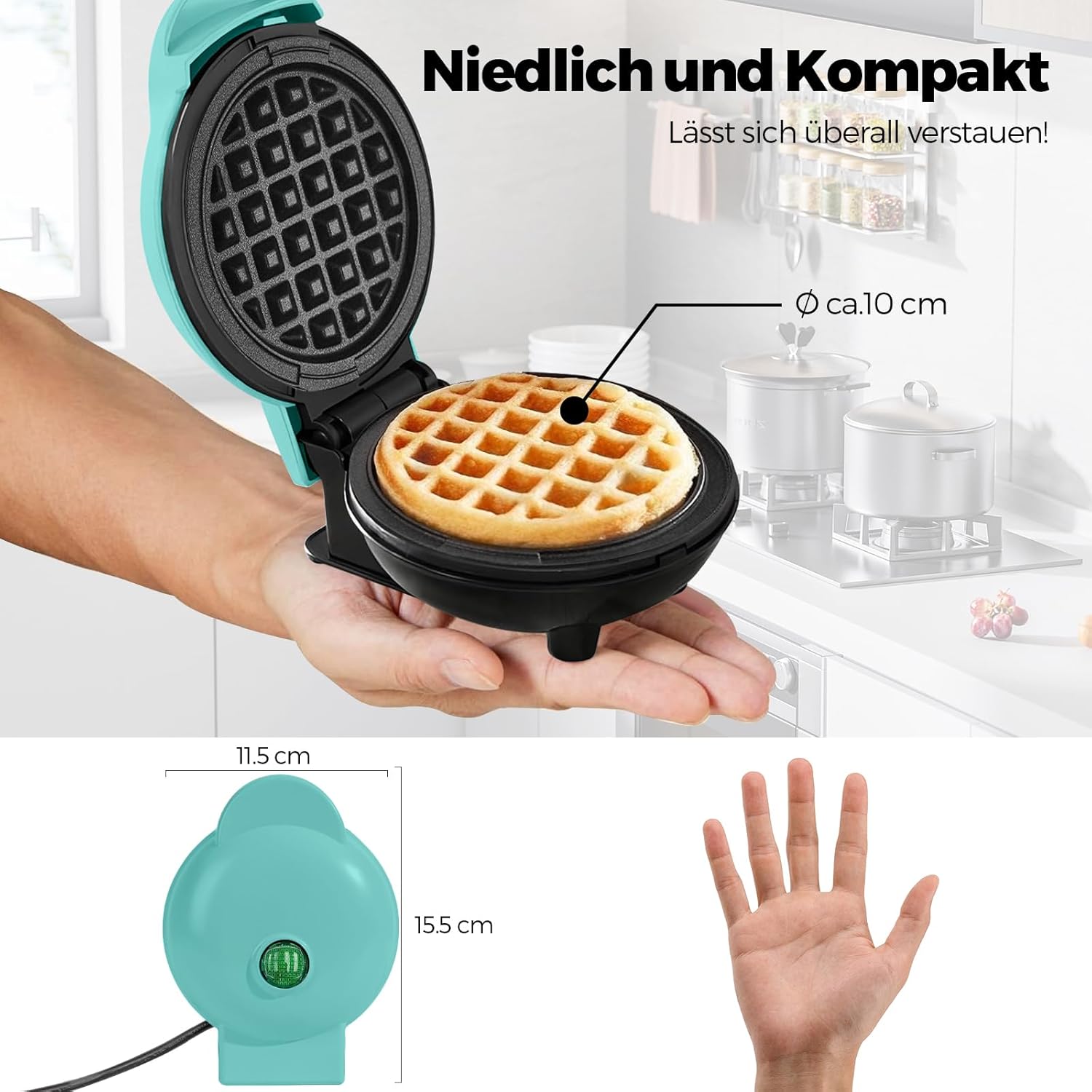Mini gaufrier - rétro vert - compact - plaques antiadhésives