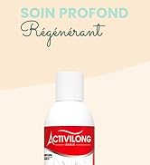 Flacon blanc avec étiquette Activilong rouge sur fond dégradé pêche avec le texte français « SOIN
