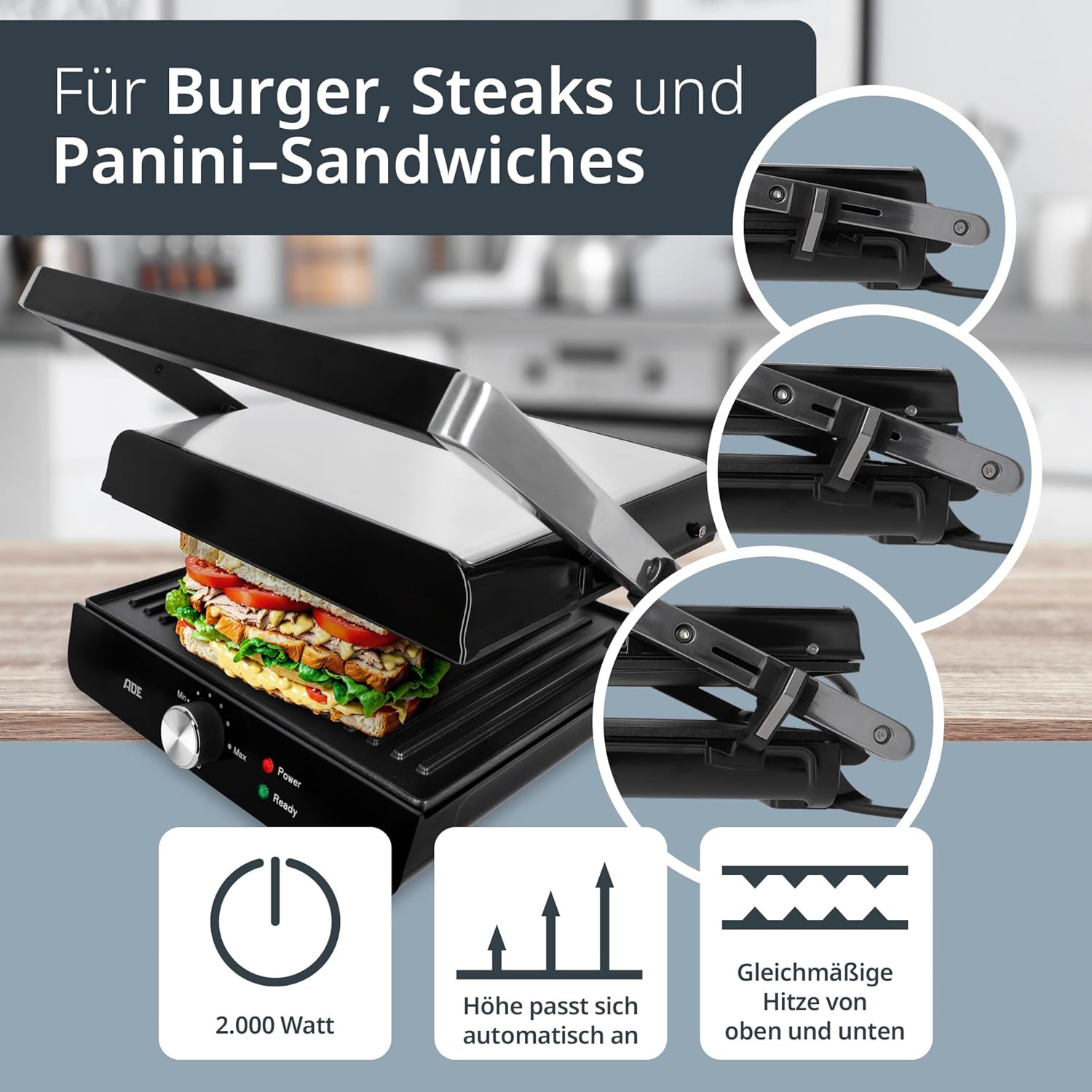 ADE - Barbecue électrique 3 en 1 XXL, plaques antiadhésives, 2.000 W