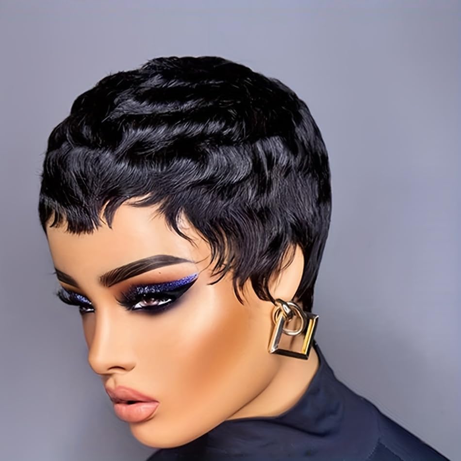 Perruque Pixie - cheveux naturels courts, coupe droite, sans colle, frange, couleur 1B
