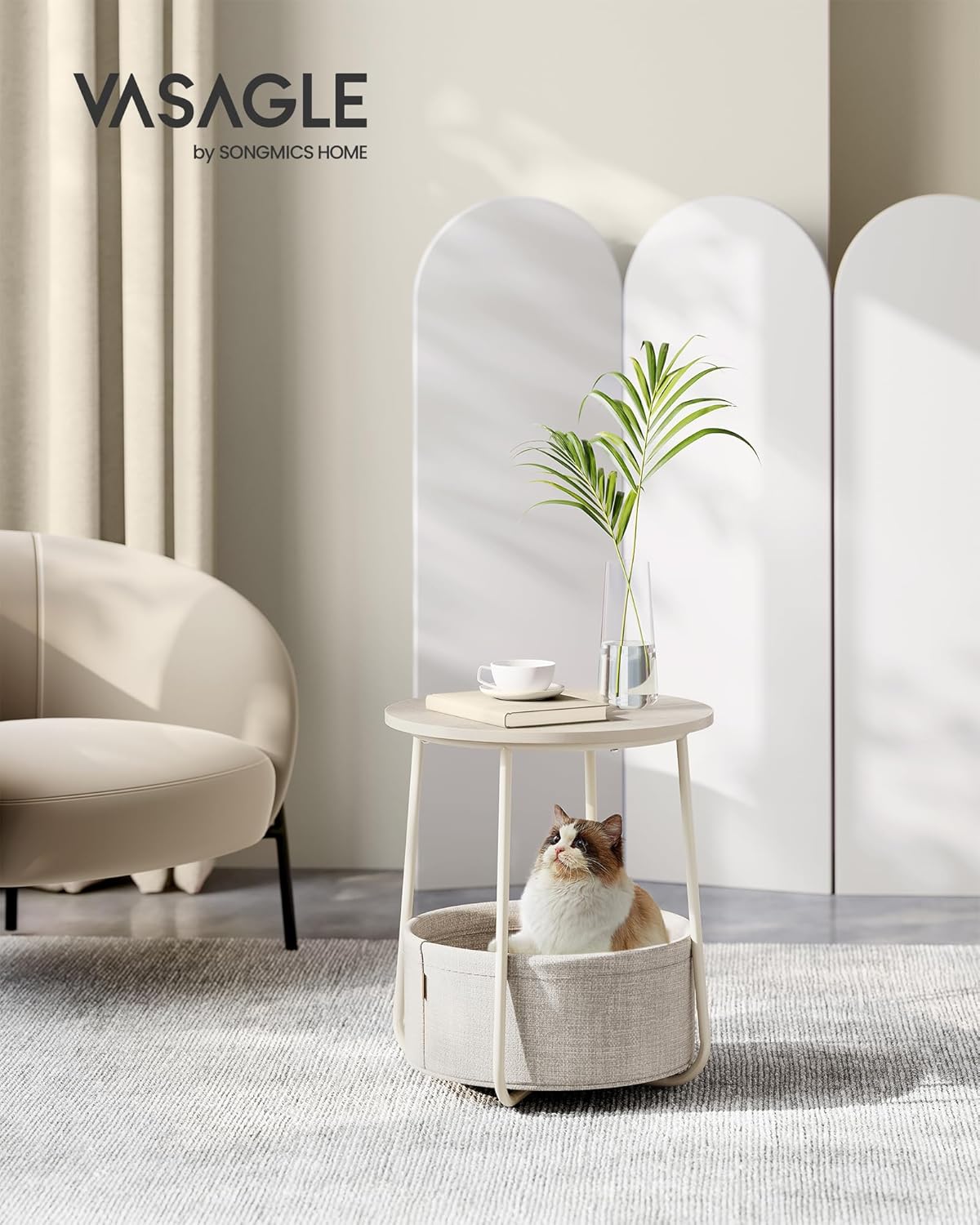 VASAGLE - Table basse ronde moderne, avec panier tissu, beige, LET223K67
