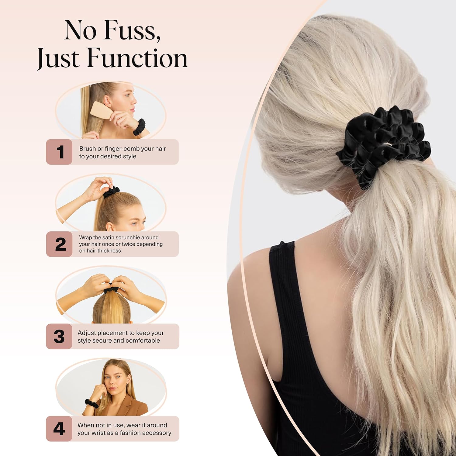 Kitsch - Chouchous en soie, lot de 5 - tailles standard - satin noir, élastiques sans trace, cheveux jour/nuit