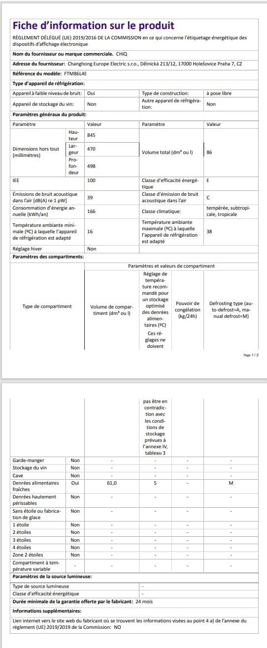 CHIQ - réfrigérateur congélateur haut, 86L, portes réversibles, congélateur 4*, machine à glaçons, classe E