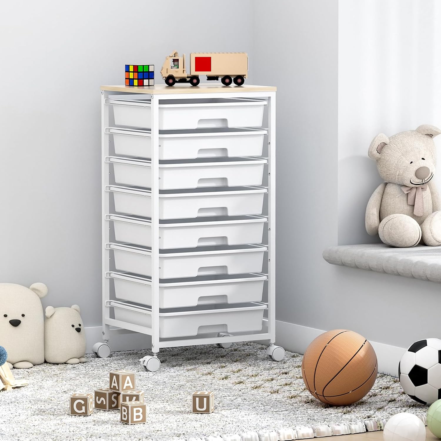 Chariot de salle de bain - 8 tiroirs, roulettes, grand plateau bois, blanc