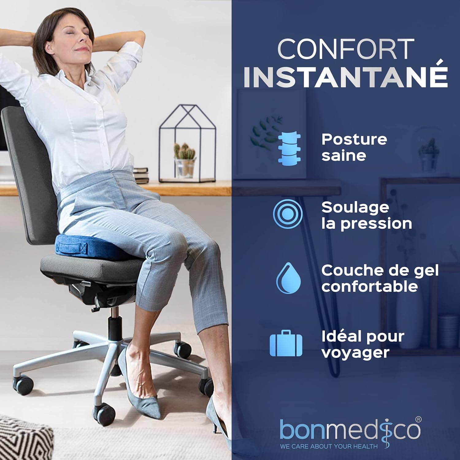 Coussin ergonomique assise mémoire de forme, large, bleu, soutien lombaire