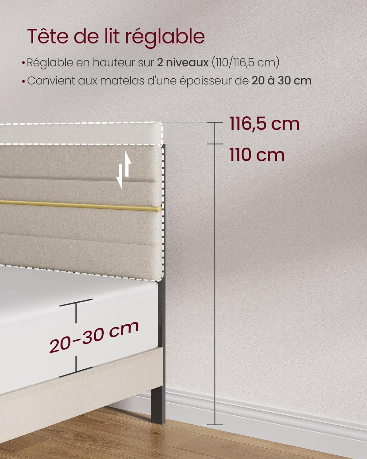 VASAGLE - lit double moderne - 140x190 cm - tête de lit rembourrée réglable, métal et bois massif - RMB503W01