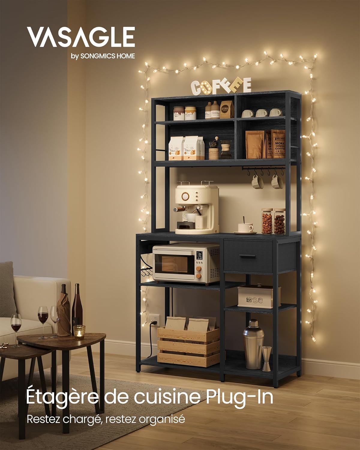 VASAGLE - étagère cuisine, 100x40x180 cm, multiprise, tiroir tissu, KKS027B02