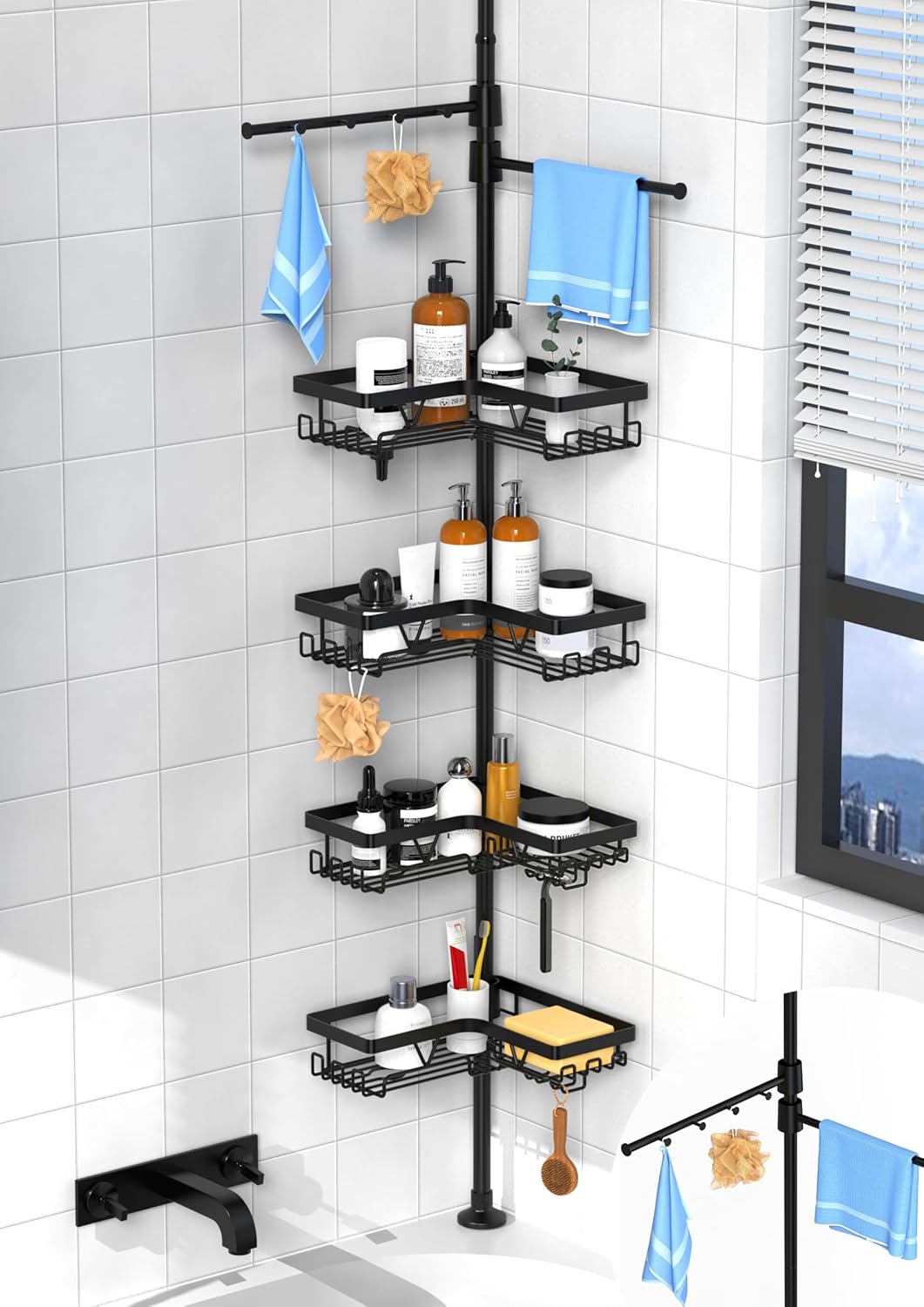 Etagere Douche - angle télescopique, inox, porte-serviette, crochets, noir