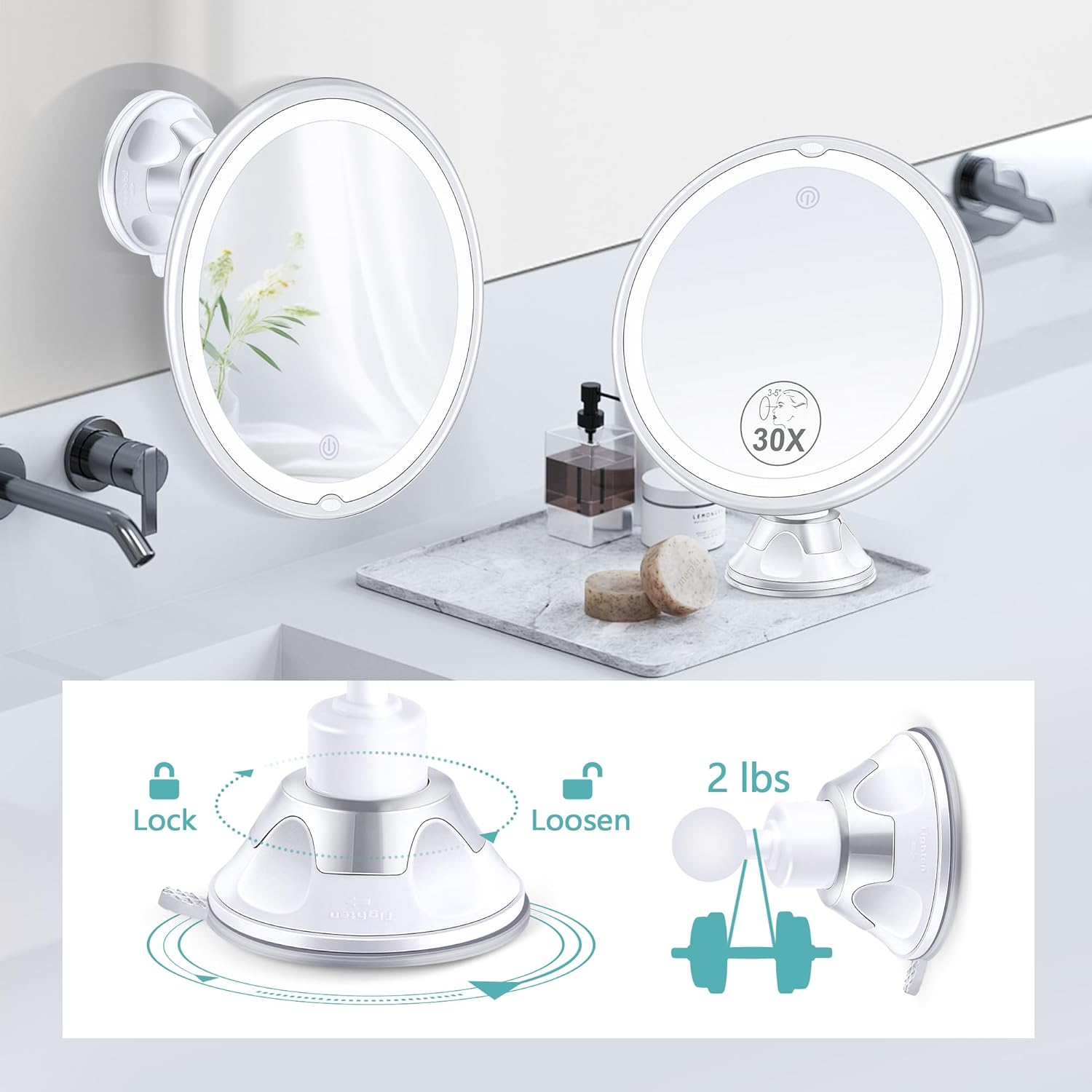 MIYADIVA - miroir grossissant 30x - 1500mAh - LED, 3 modes, ventouse, rotatif