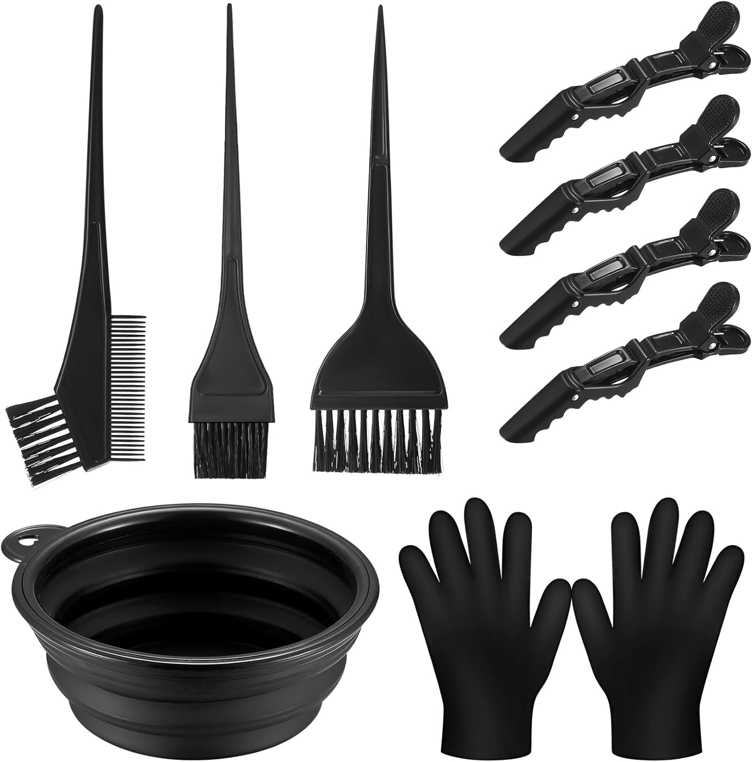 Ensemble coloration cheveux - 9 pièces - bol, pinceaux, gants, pinces