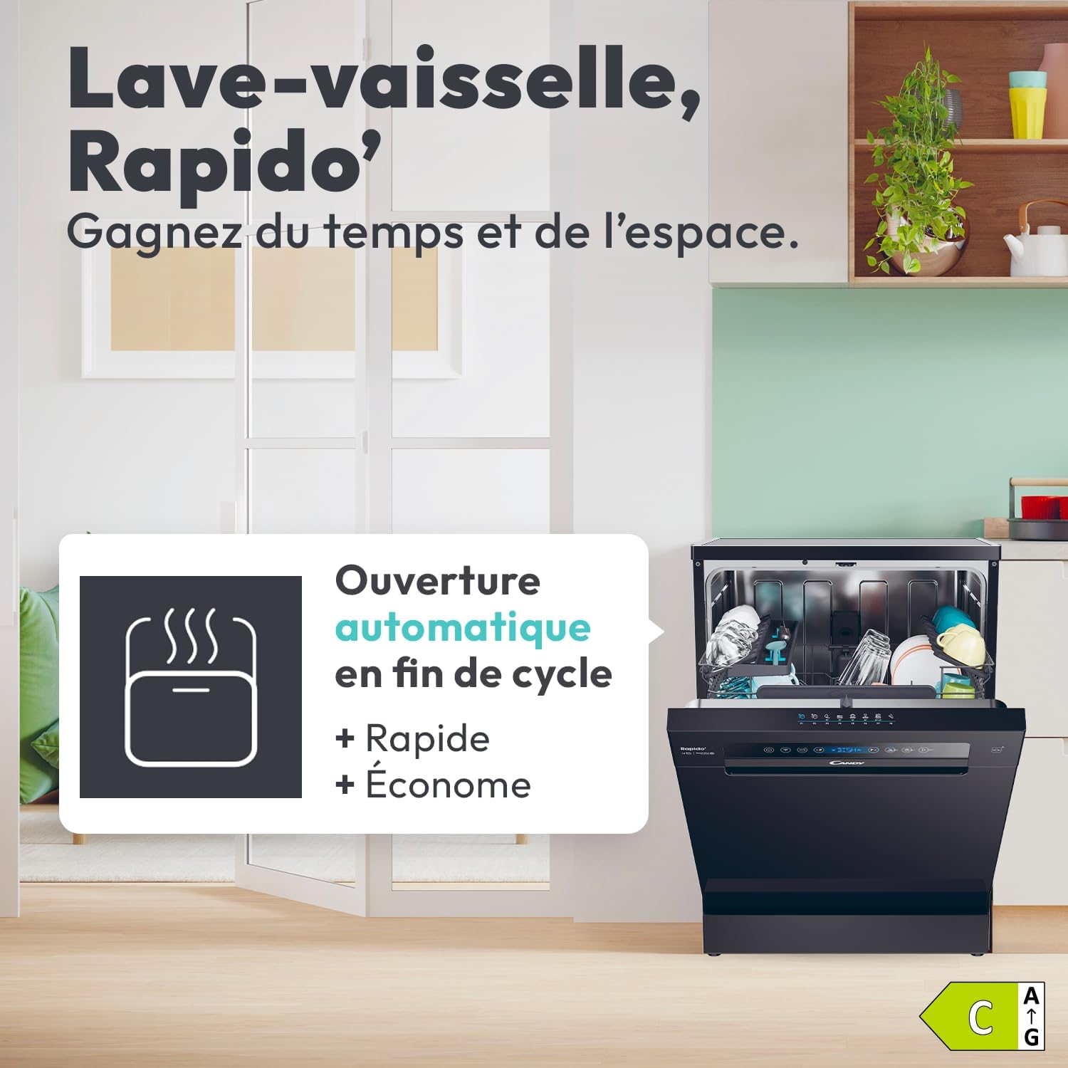 Candy - Série CF - 60x85x60 cm - 15 couverts, classe C, lavage séchage rapide, ouverture auto, contrôle à distance - CF 
