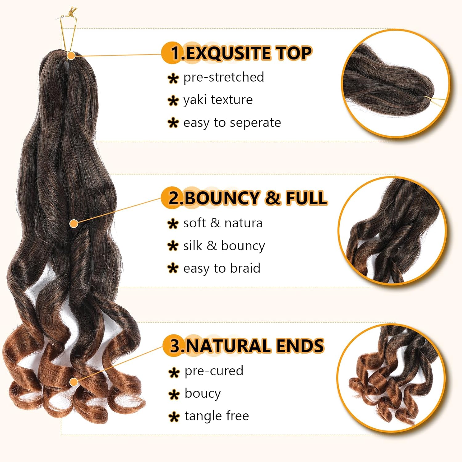 Meches Boucle Pour Tresses - French Curl - 41cm - 8 paquets, boucles loose wavy, couleur 1B/30