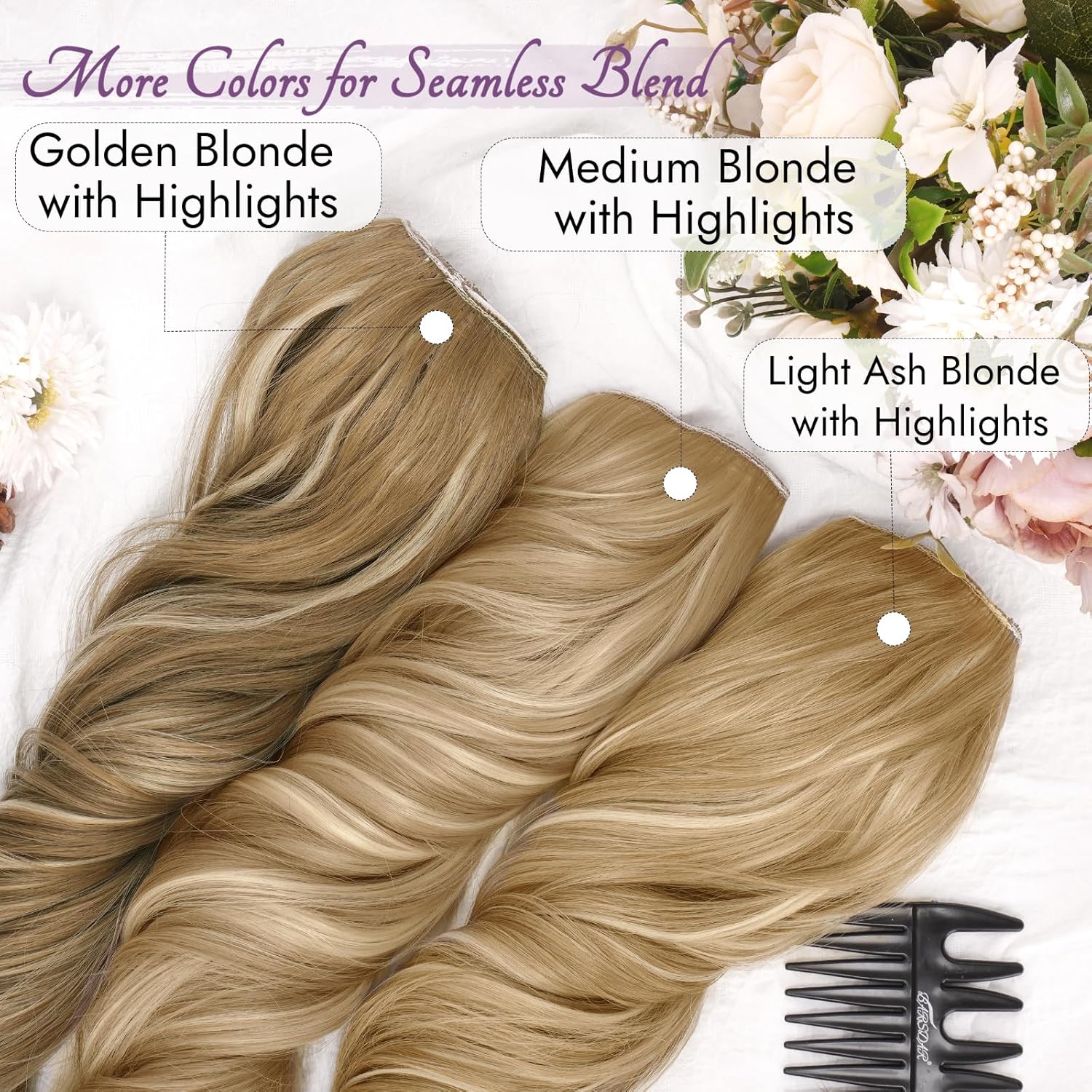 BARSDAR - Extensions à clips ondulées 50cm, blond cendré, lot de 5, synthétique