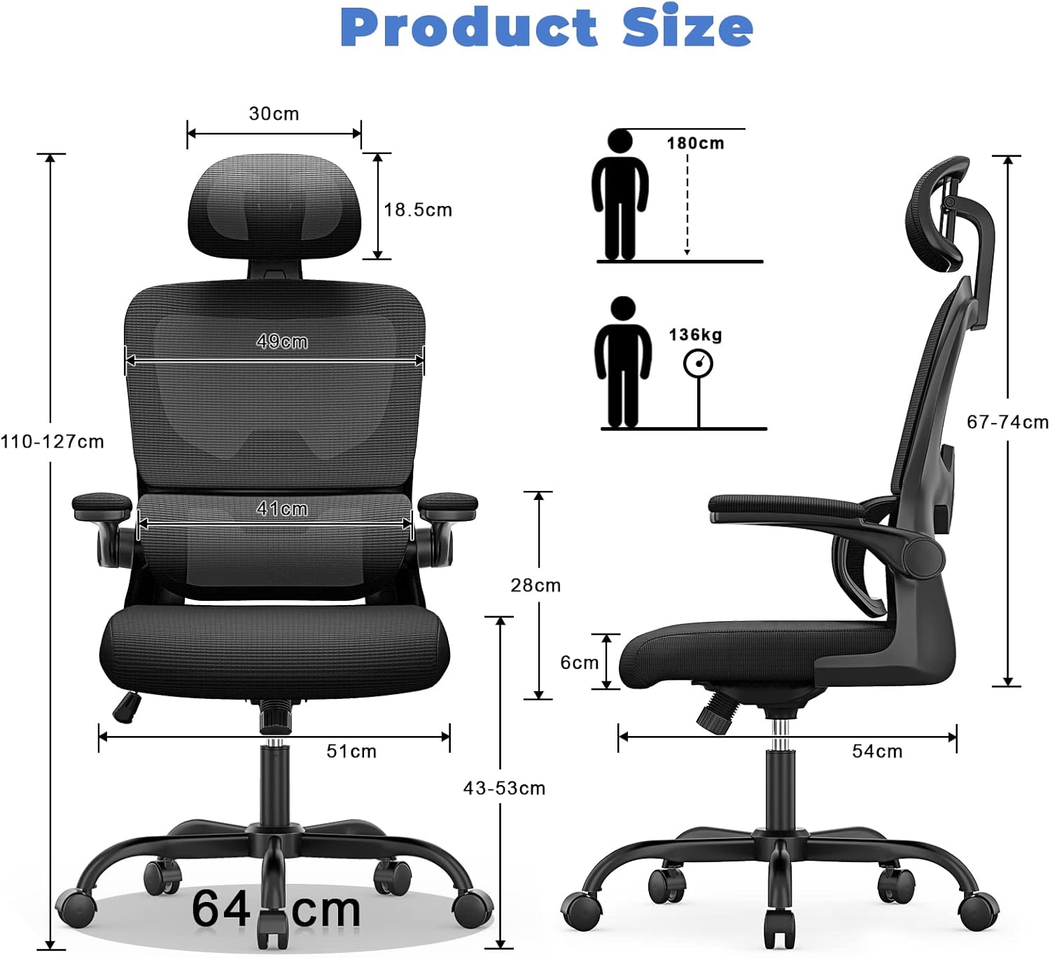 naspaluro - chaise de bureau ergonomique, appui-tête réglable, soutien lombaire ajustable, accoudoirs pliables, maille r