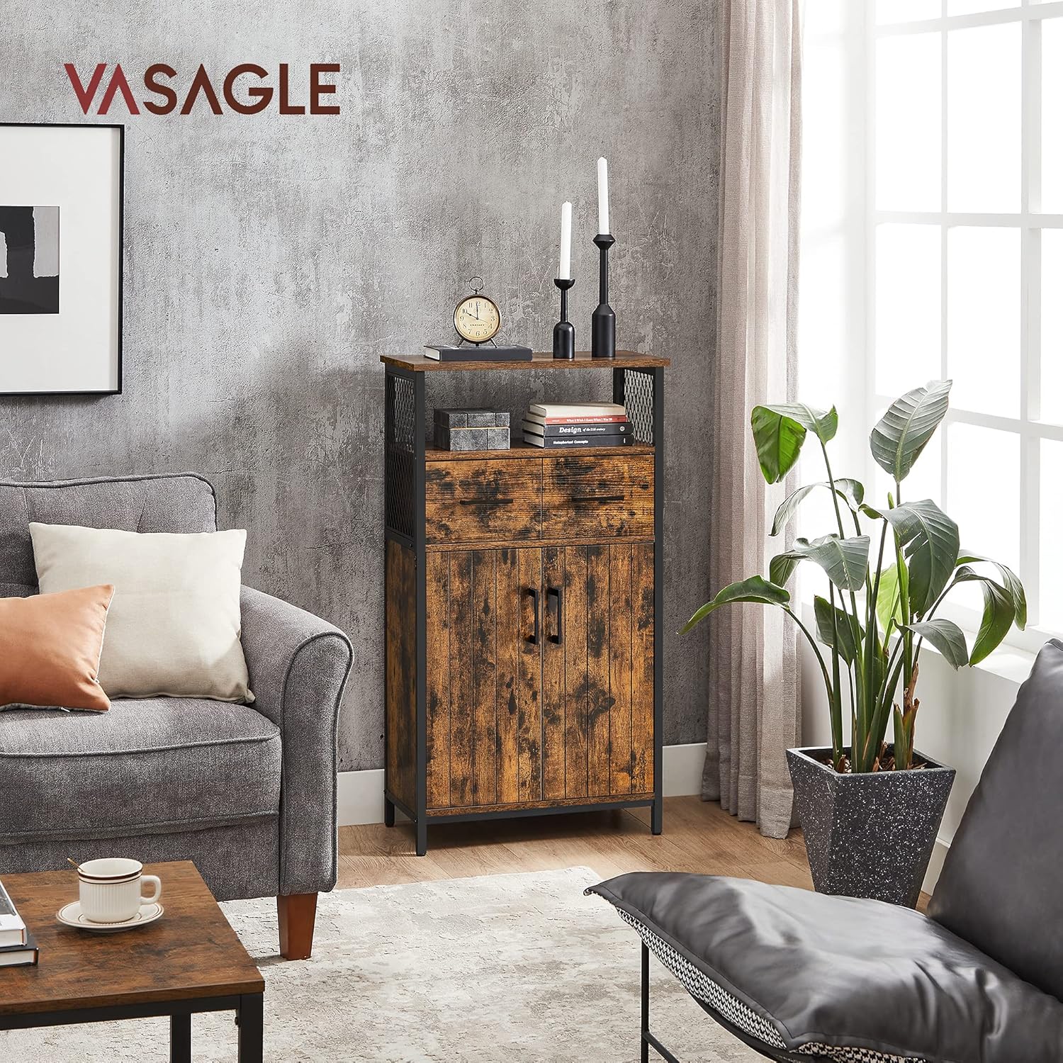 VASAGLE - Meuble de rangement industriel, tiroir, étagère réglable, acier, 70x80x35cm, LSC261B01