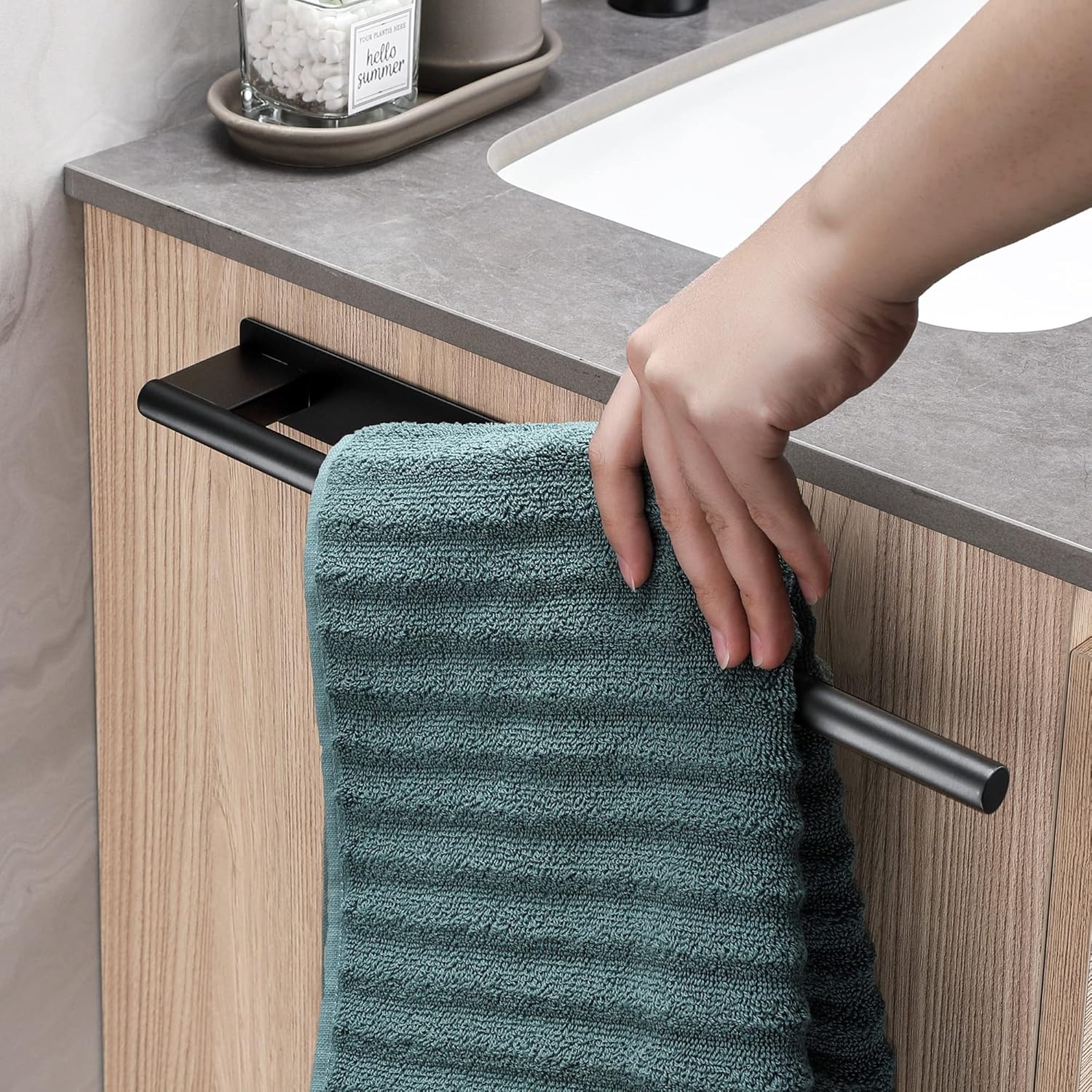 Porte-serviettes salle de bain - adhésif, inox noir, un bras, sans perçage