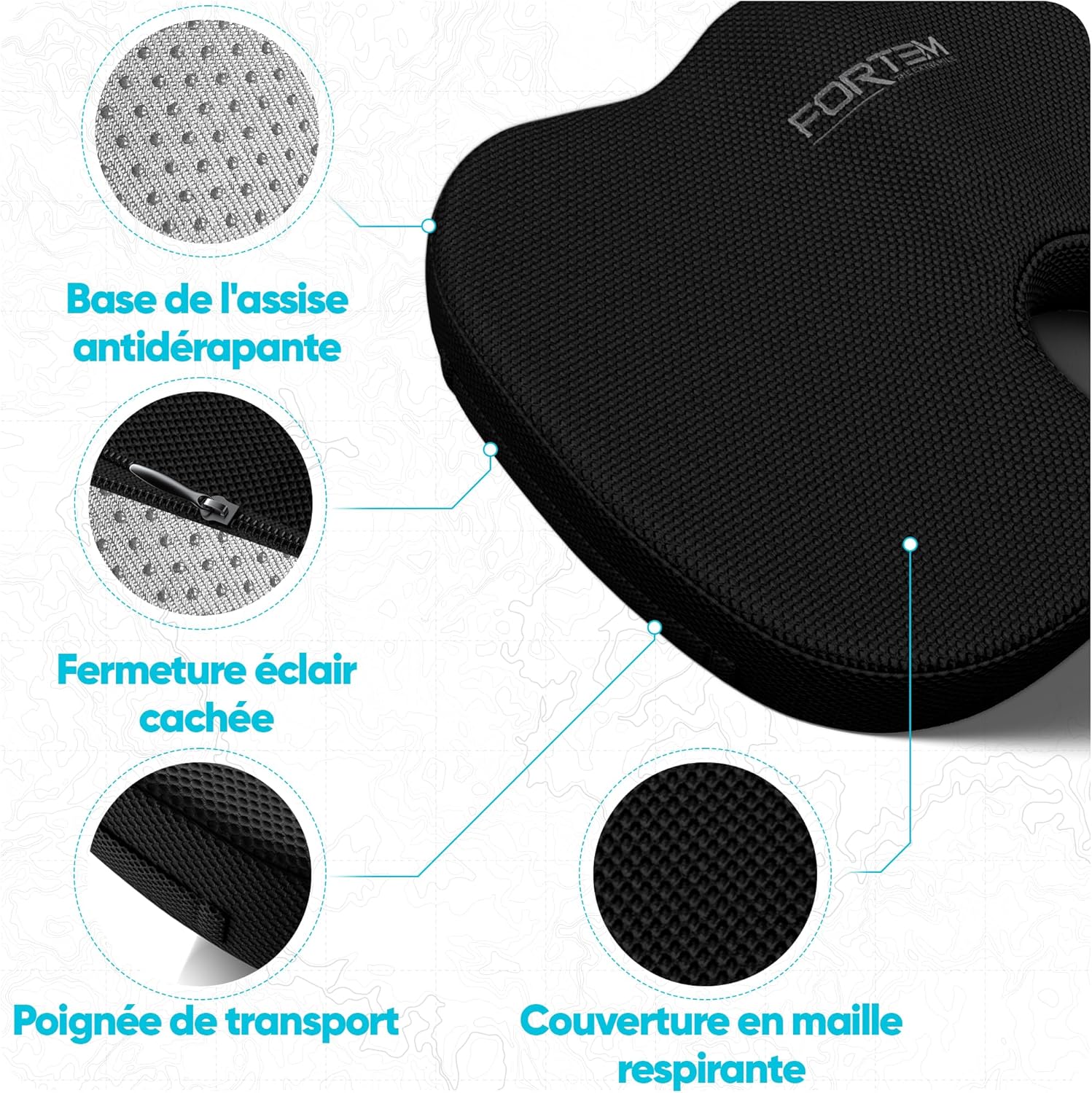 FORTEM - coussin lombaire et assise - mousse mémoire - antidérapant, soutien dos, confort prolongé