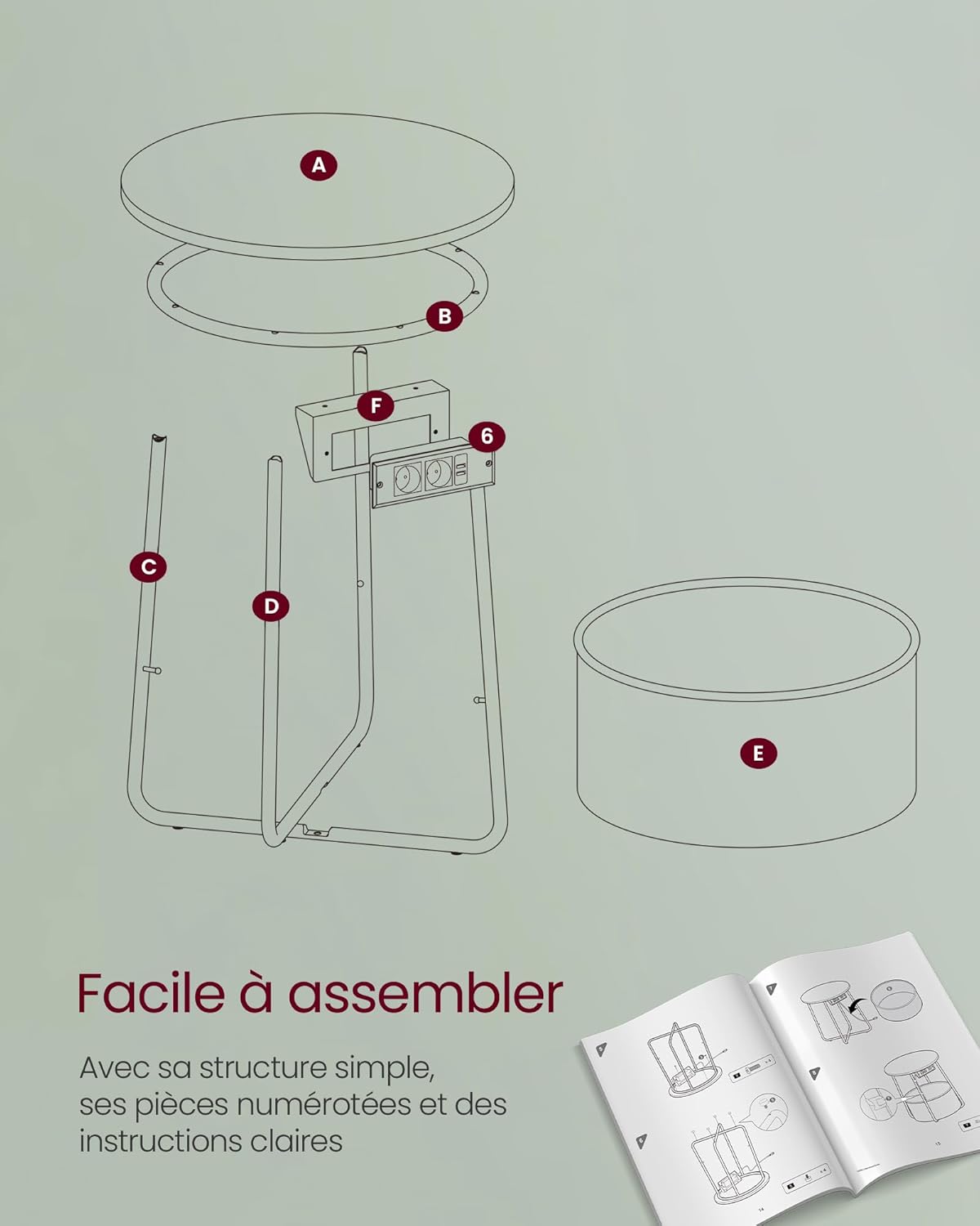 VASAGLE - Petite table basse moderne, 45x45x54 cm, panier tissu, multiprise, vert forêt/blanc crème, LET228C05