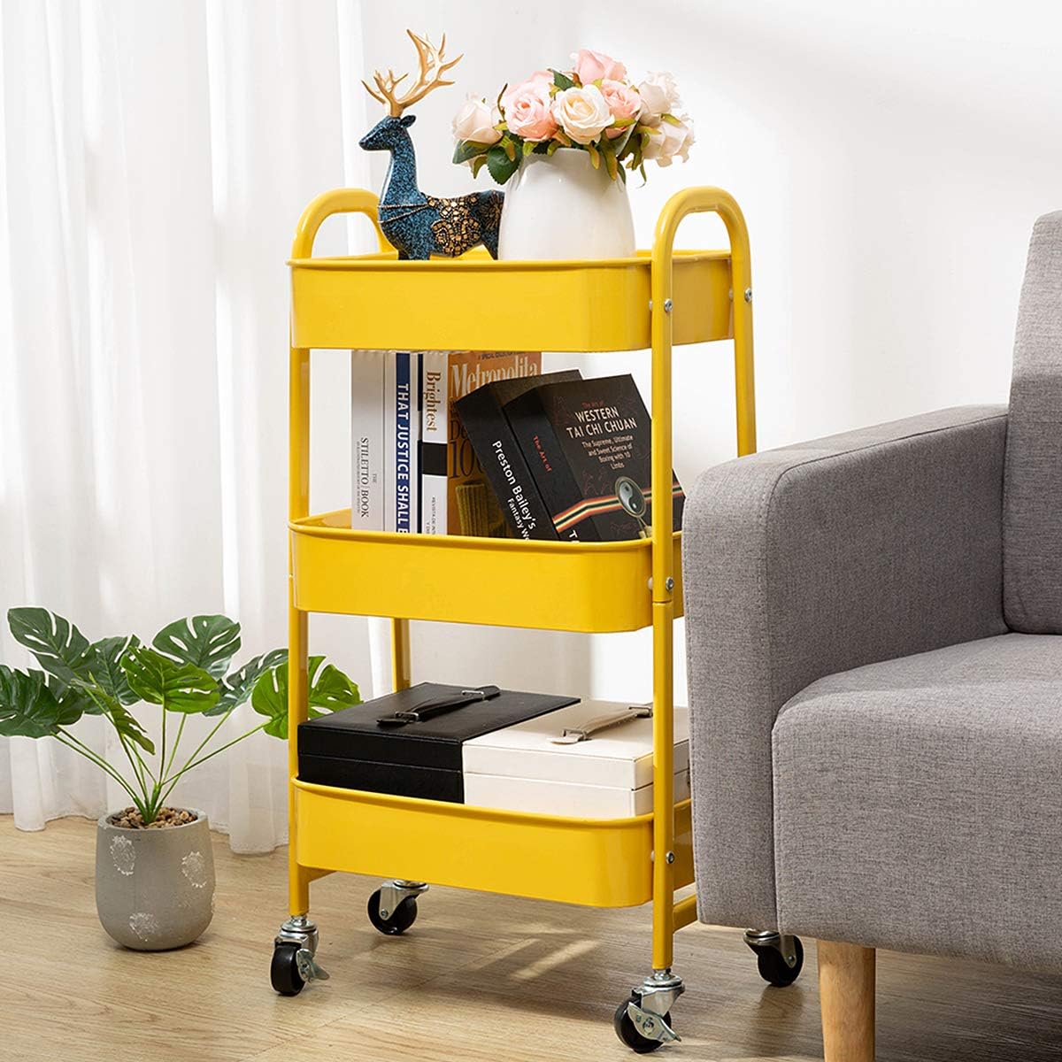 DOEWORKS - chariot de rangement métal 3 niveaux, roulettes, jaune