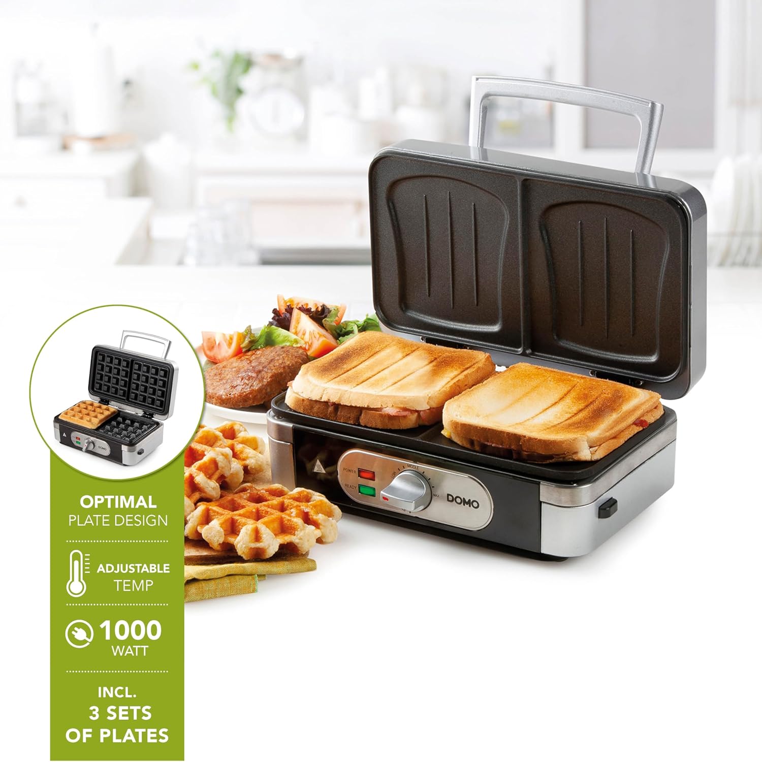 DOMO - Snackmaker 3-en-1 inox/Noir, plaques antiadhésives, DO9136C