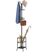 Porte-manteau en métal avec porte-parapluie et étagère de rangement à la base. Comprend plusieurs crochets affichant la veste, le chapeau et le sac en cuir marron.