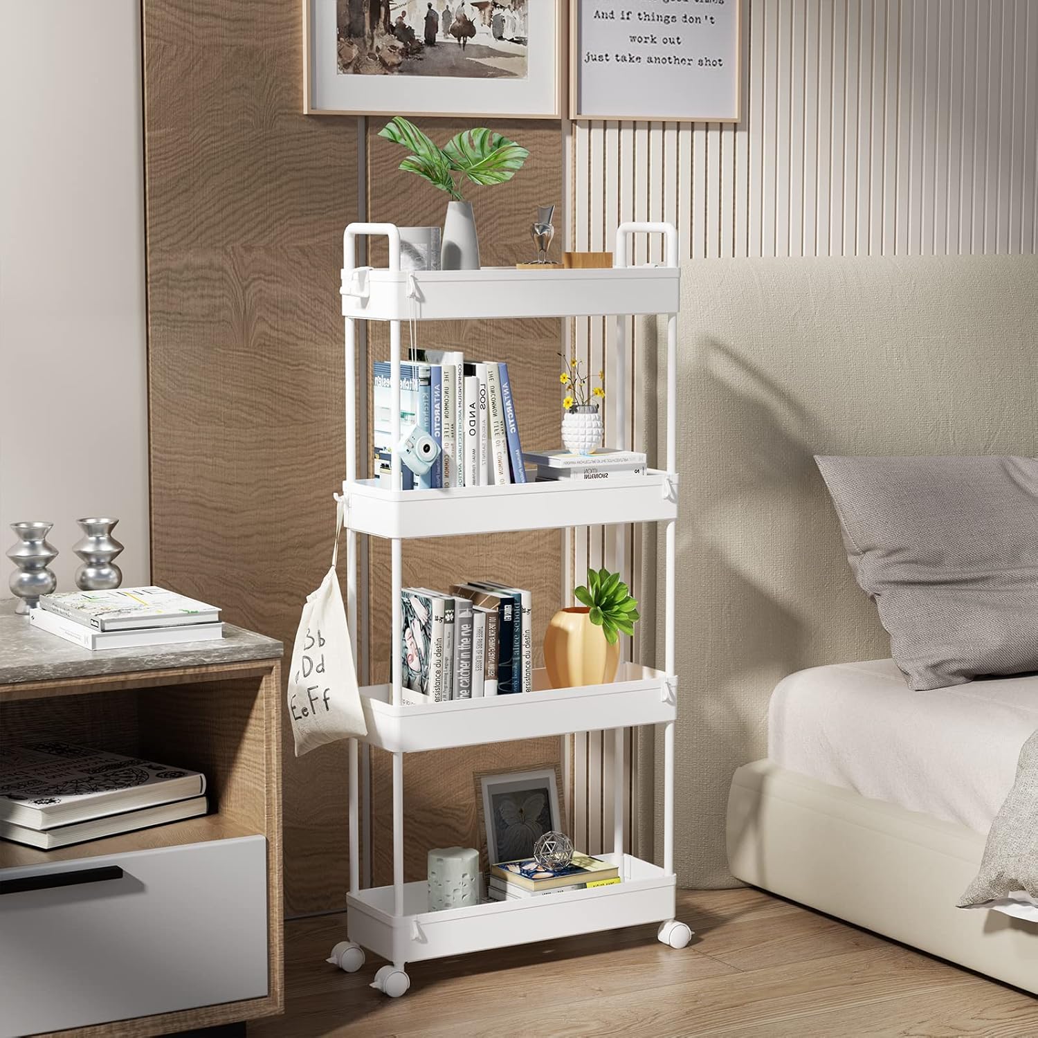 SOLEJAZZ - Chariot rangement 4 étagères plastique blanc compact - SOLEJAZZ