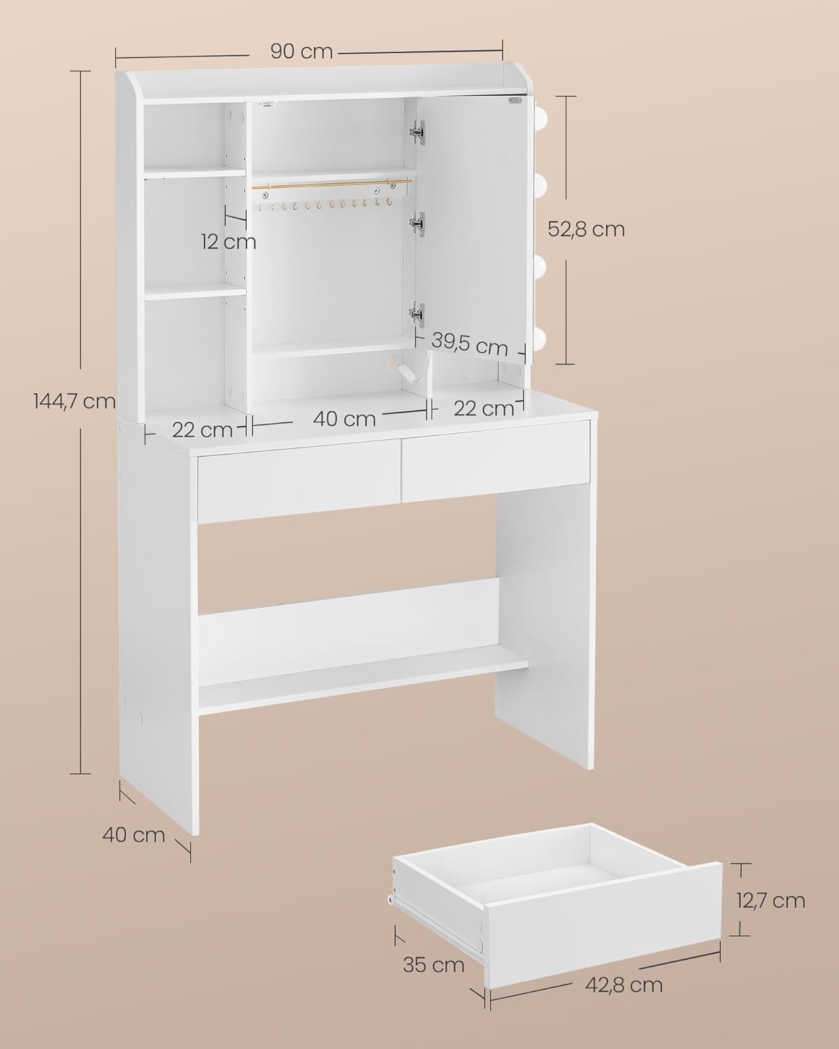 VASAGLE - coiffeuse moderne, miroir LED, 2 tiroirs, blanc, RDT126W01