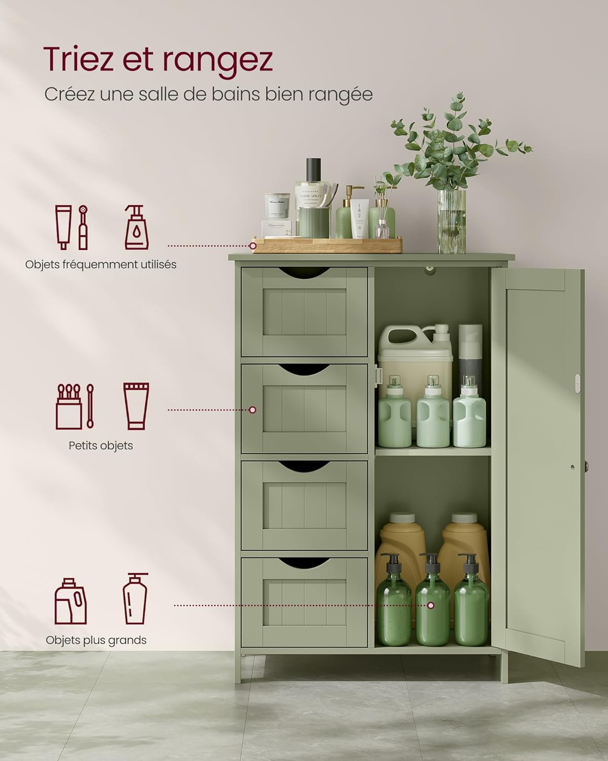 VASAGLE - meuble salle de bain, 30x55x82cm, 4 tiroirs, armoire, LHC041C02