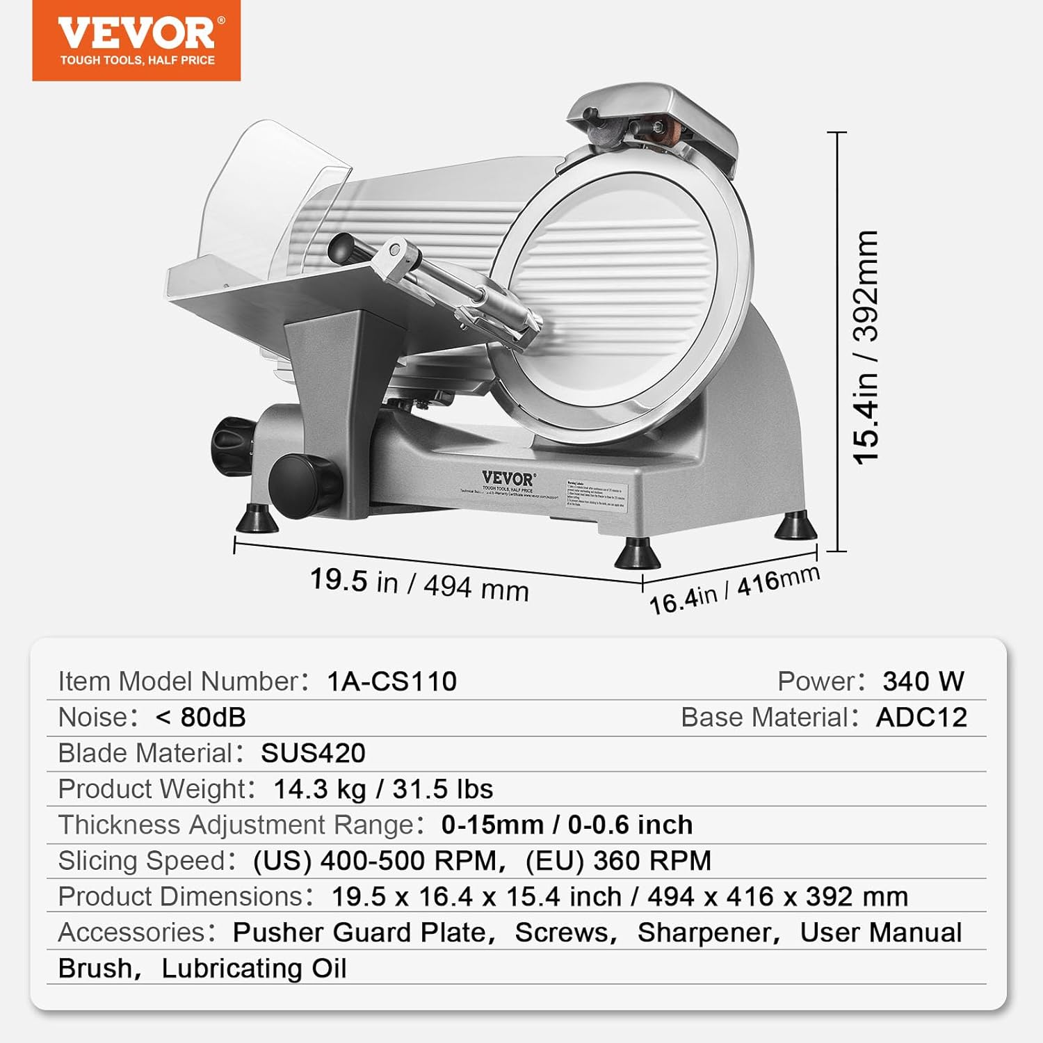 VEVOR - Trancheuse électrique 340W - lame 250mm, 360 tr/min, inox