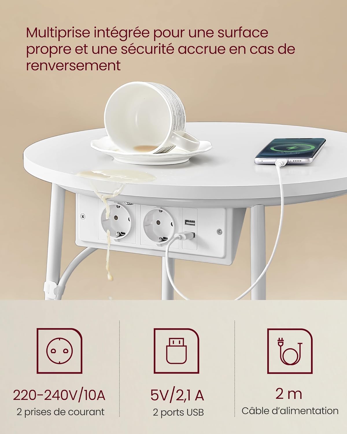 VASAGLE - Petite table basse ronde, panier tissu, multiprise, 40x40cm, style moderne, LET228W02