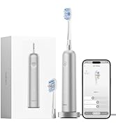 Plusieurs vues d'un élégant appareil électronique argenté illustré avec une interface d'application pour smartphone. Le produit semble être une maison intelligente ou un appareil électronique personnel accompagné d'une application mobile.